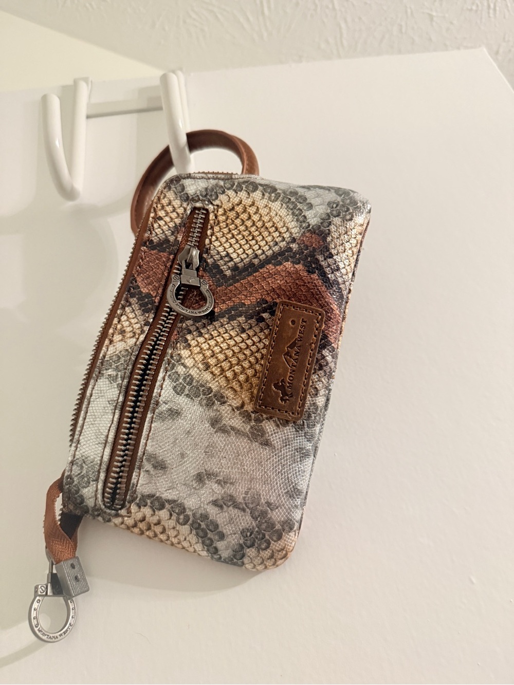 Montana West Snake-Print Wristlet in Brown, Beige & Gray